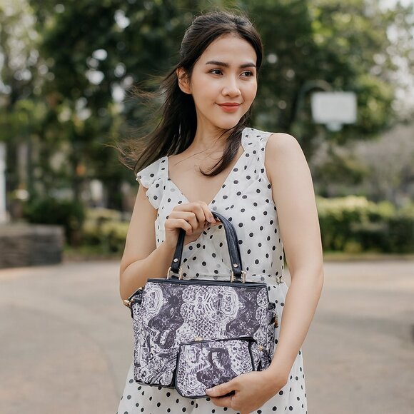 Black and White Printed Fabric Satchel Bag & Coin Pouch Set Combo for Women - Picture 2 of 5